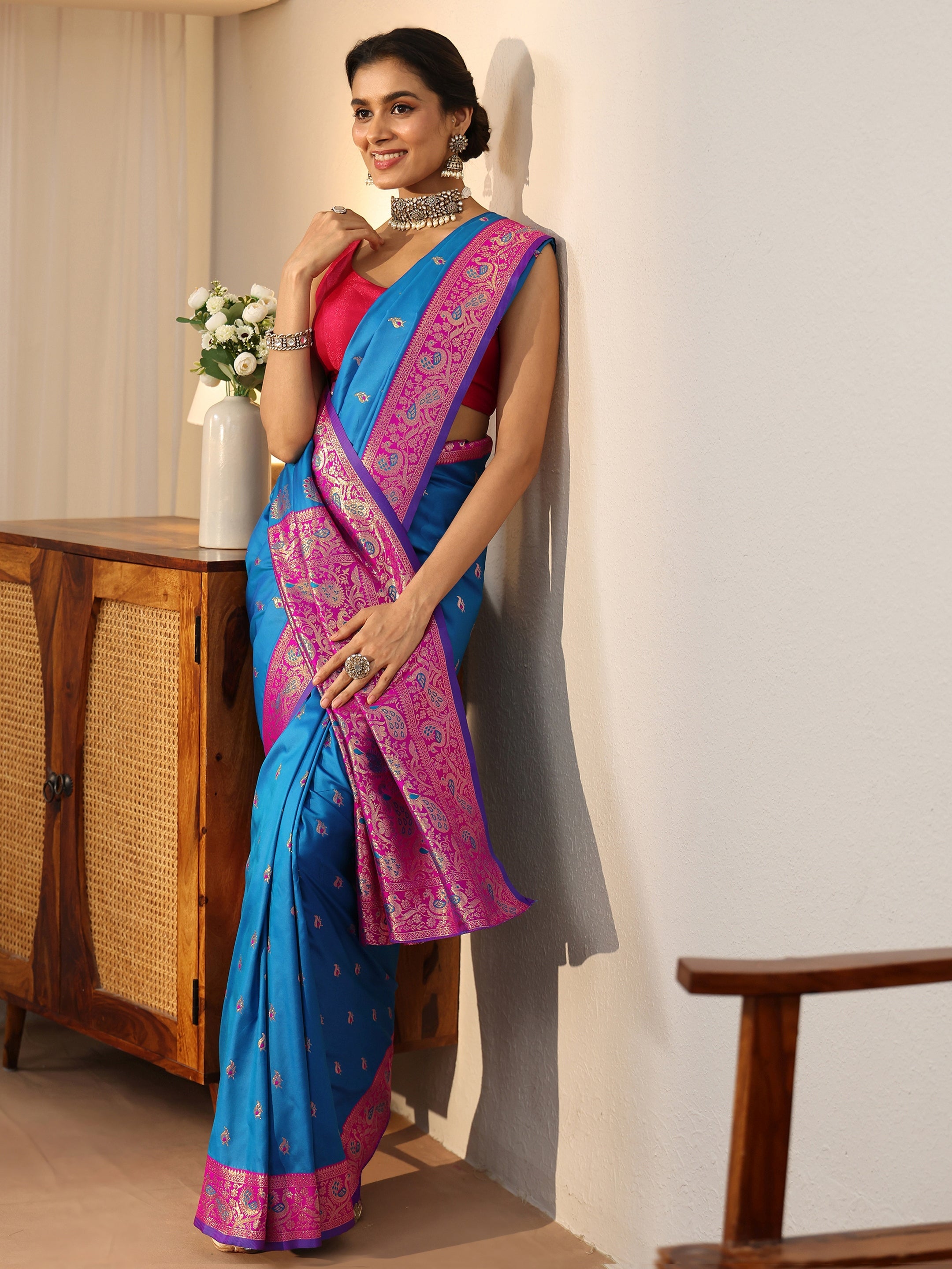 Libas Cerulean Blue Kanjeevaram Silk Blend Saree-picture-18