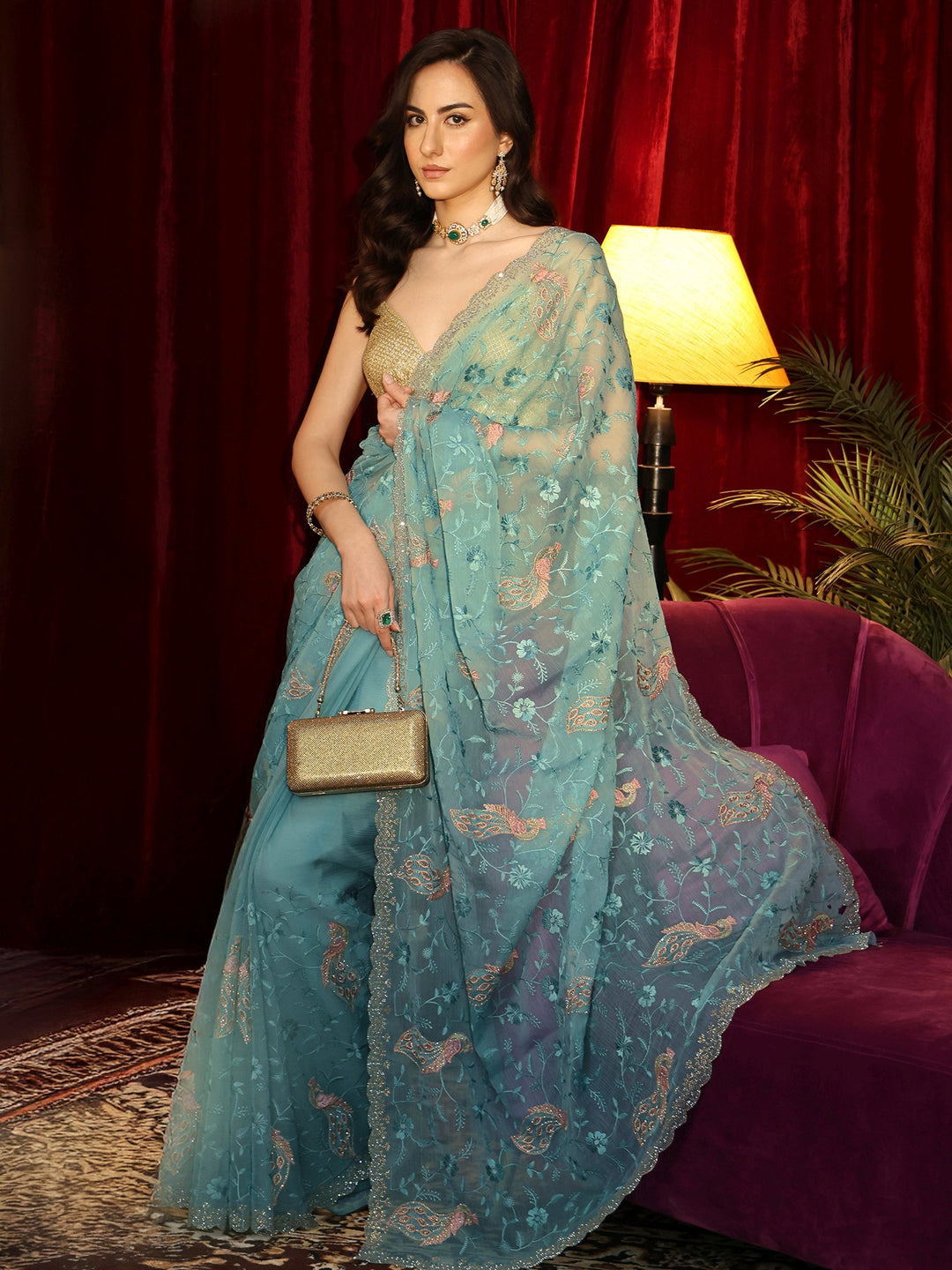  Cerulean Blue Peacock Embroidered Chiffon Saree 