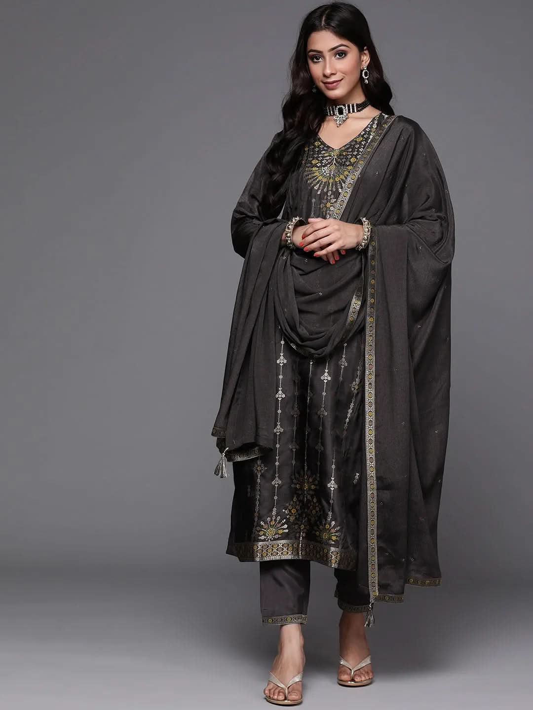 libas Charcoal Self Design Silk Straight Kurta With Dupatta-picture-33
