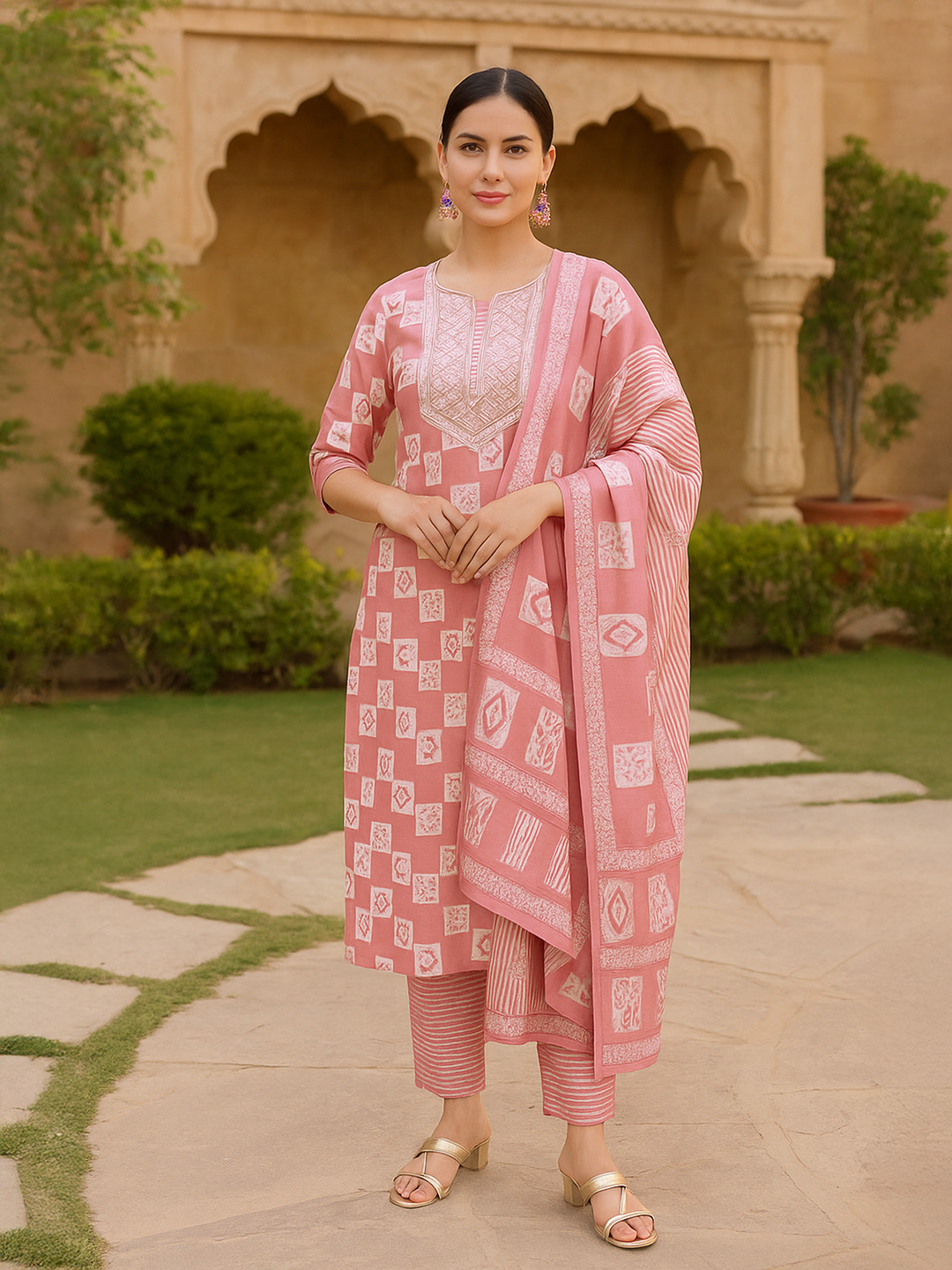 Peach Yoke Design Silk Blend Straight Kurta With Trousers & Dupatta 