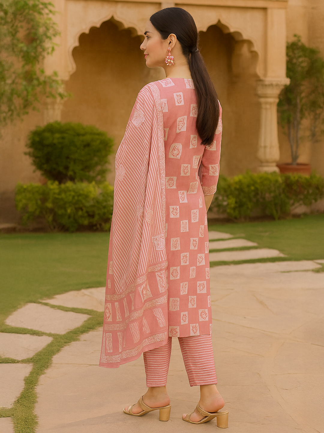  Peach Yoke Design Silk Blend Straight Kurta With Trousers & Dupatta 
