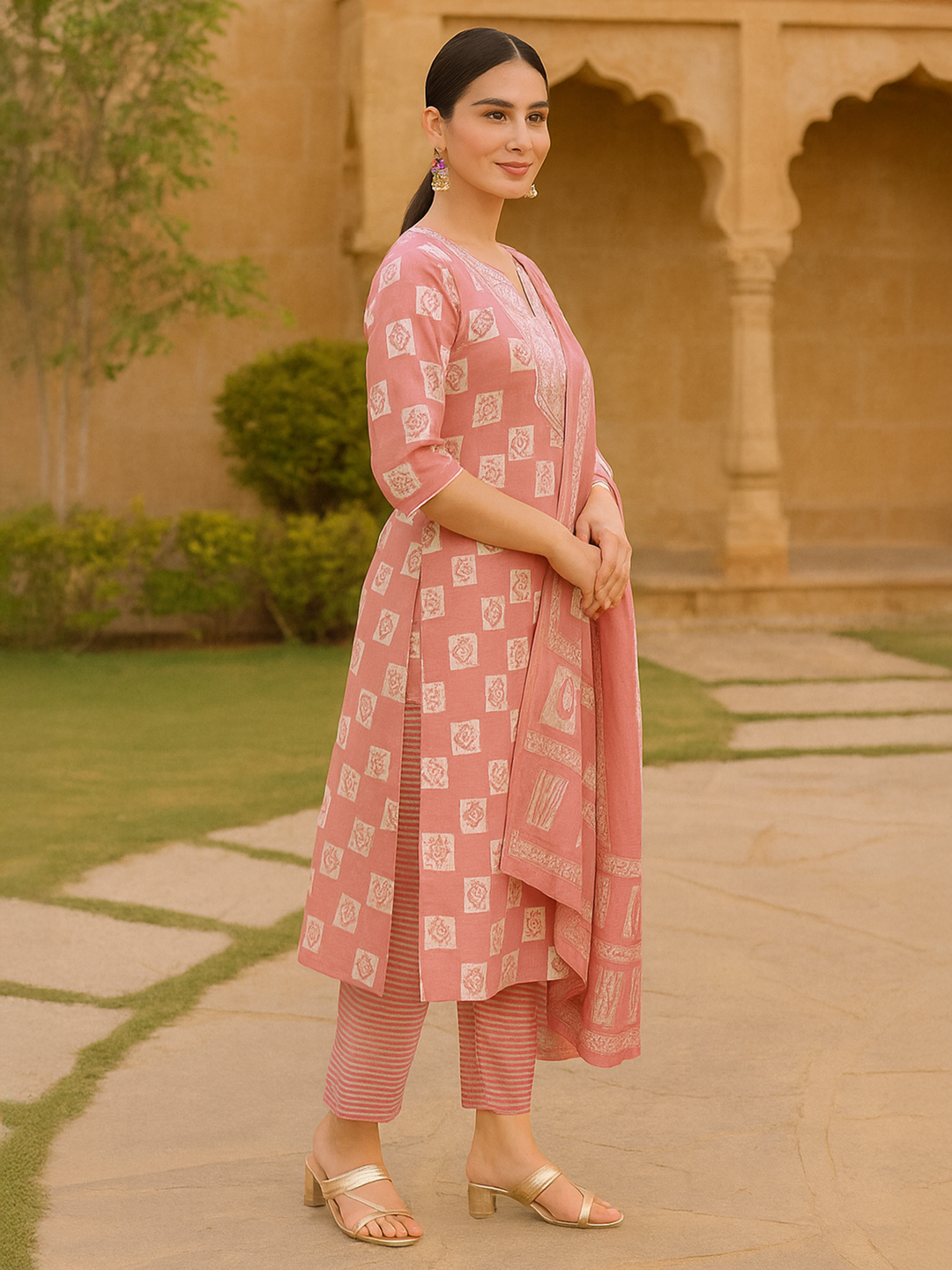  Peach Yoke Design Silk Blend Straight Kurta With Trousers & Dupatta 