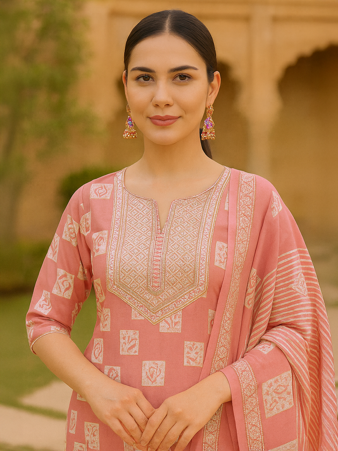  Peach Yoke Design Silk Blend Straight Kurta With Trousers & Dupatta 