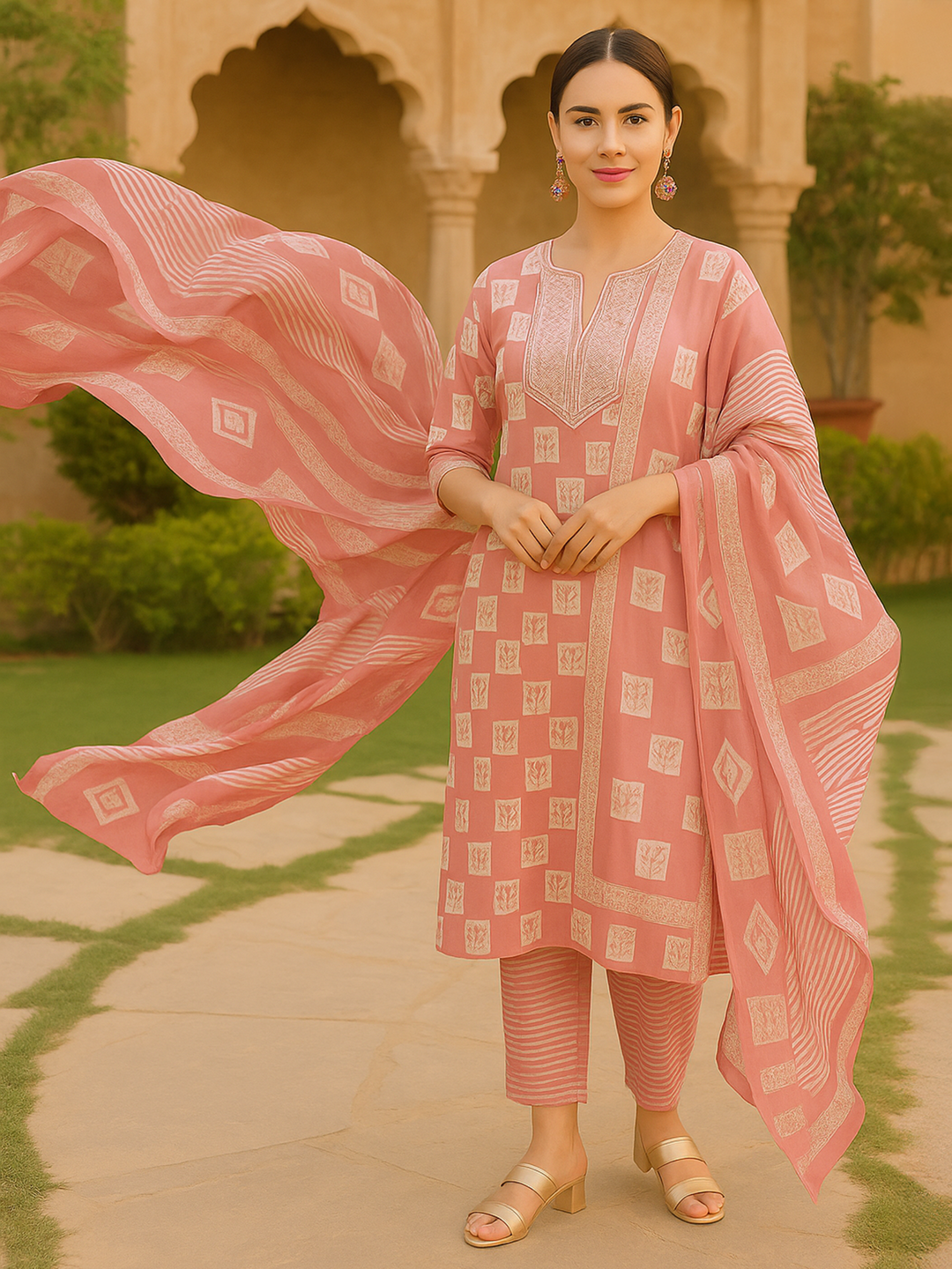  Peach Yoke Design Silk Blend Straight Kurta With Trousers & Dupatta 