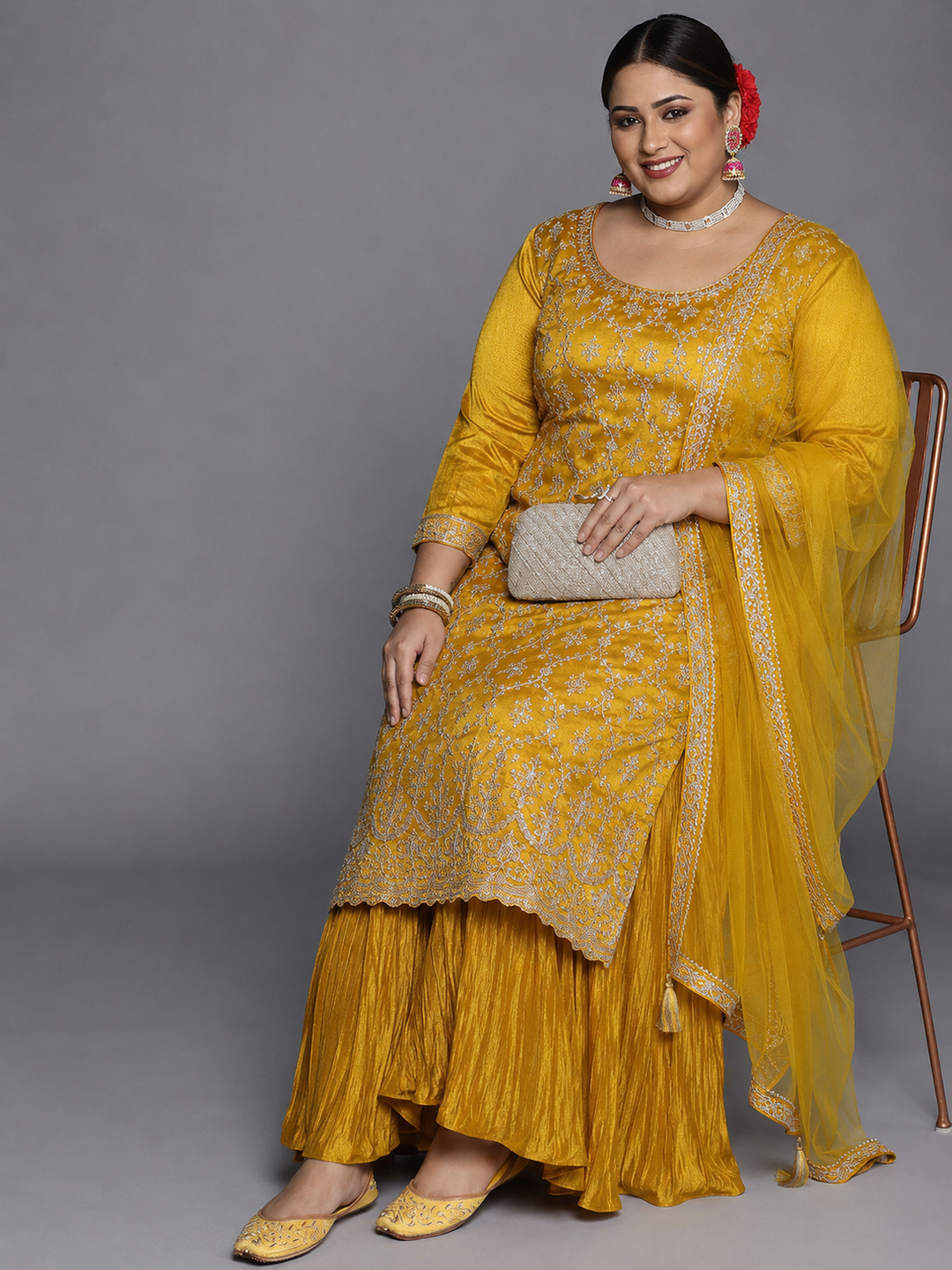  Plus Size Mustard Embellished Silk Blend Straight Suit Set 