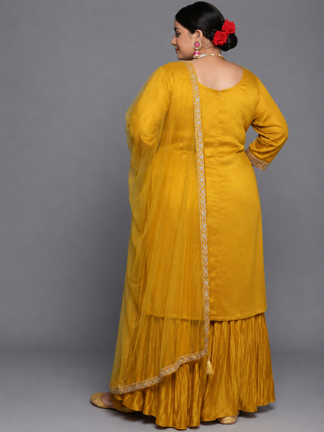  Plus Size Mustard Embellished Silk Blend Straight Suit Set 