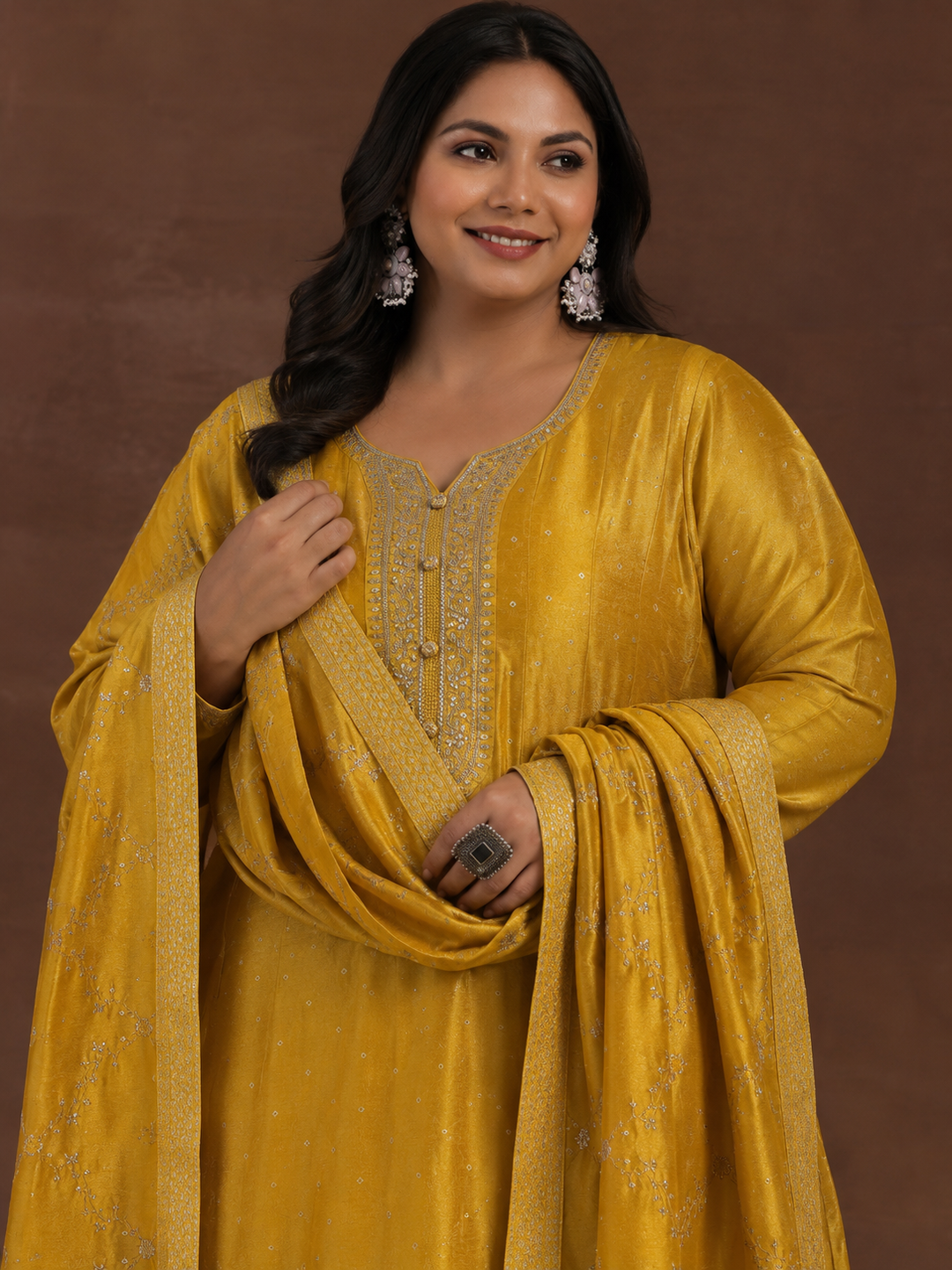  Plus Size Mustard Floral Embroidered Silk Blend A-Line Suit Set 