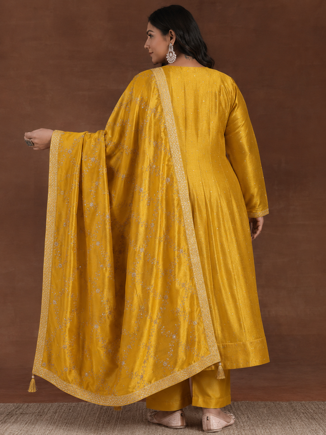  Plus Size Mustard Floral Embroidered Silk Blend A-Line Suit Set 