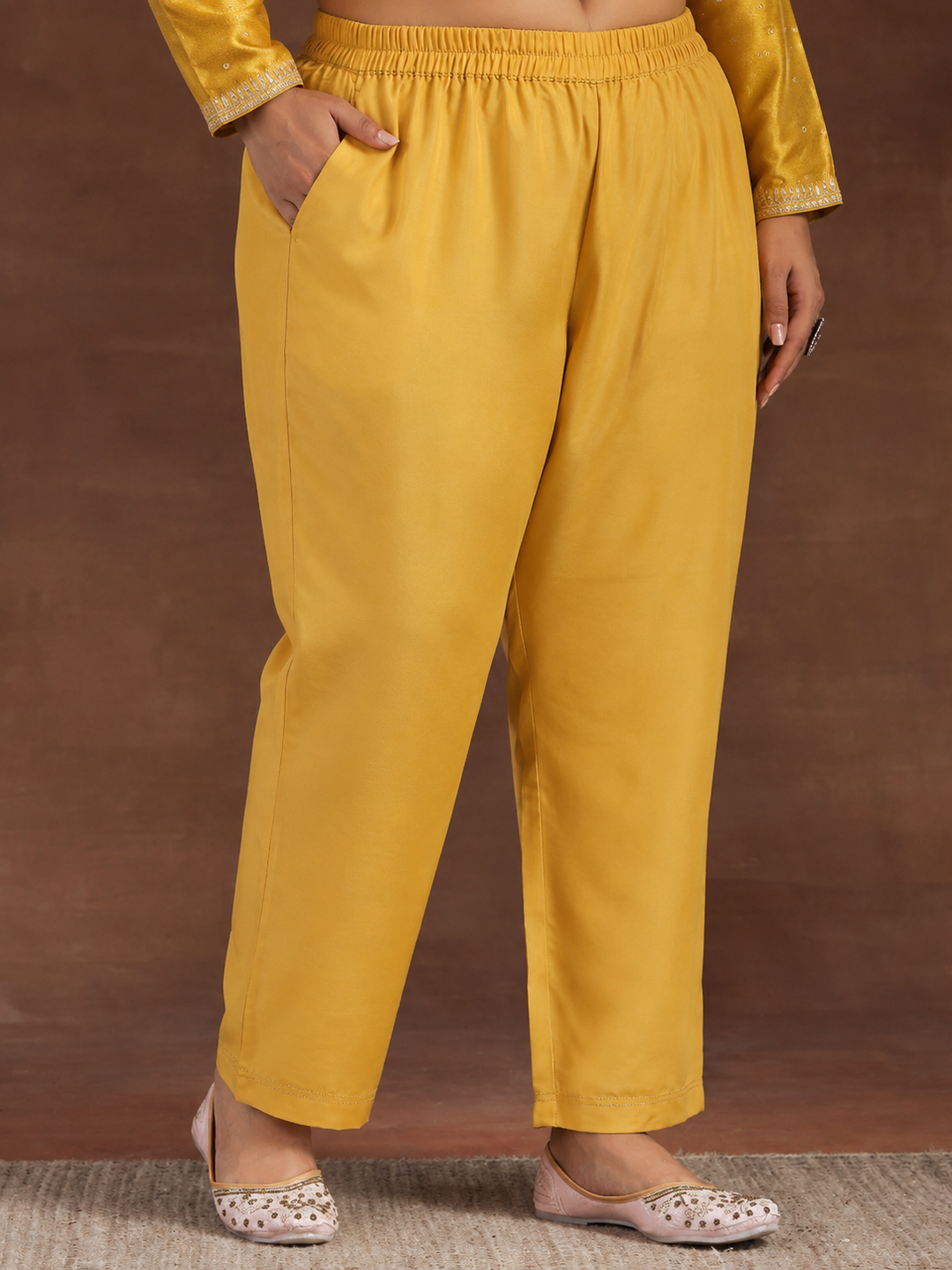  Plus Size Mustard Floral Embroidered Silk Blend A-Line Suit Set 