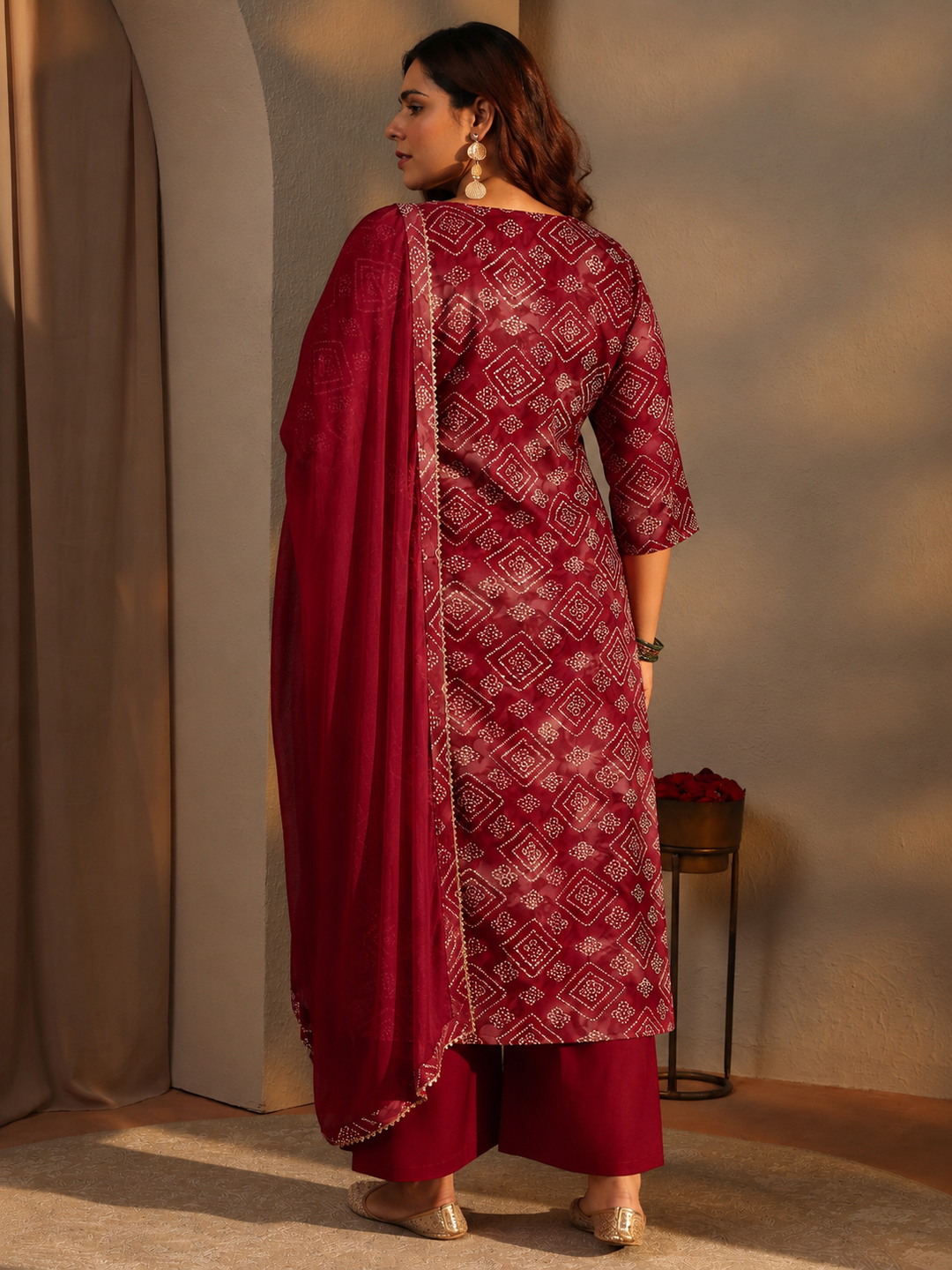  Plus Size Maroon Bandhani Printed Rayon Straight Suit Set 