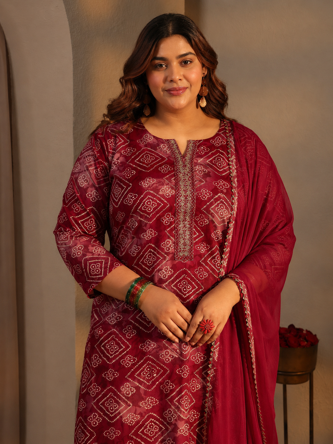  Plus Size Maroon Bandhani Printed Rayon Straight Suit Set 