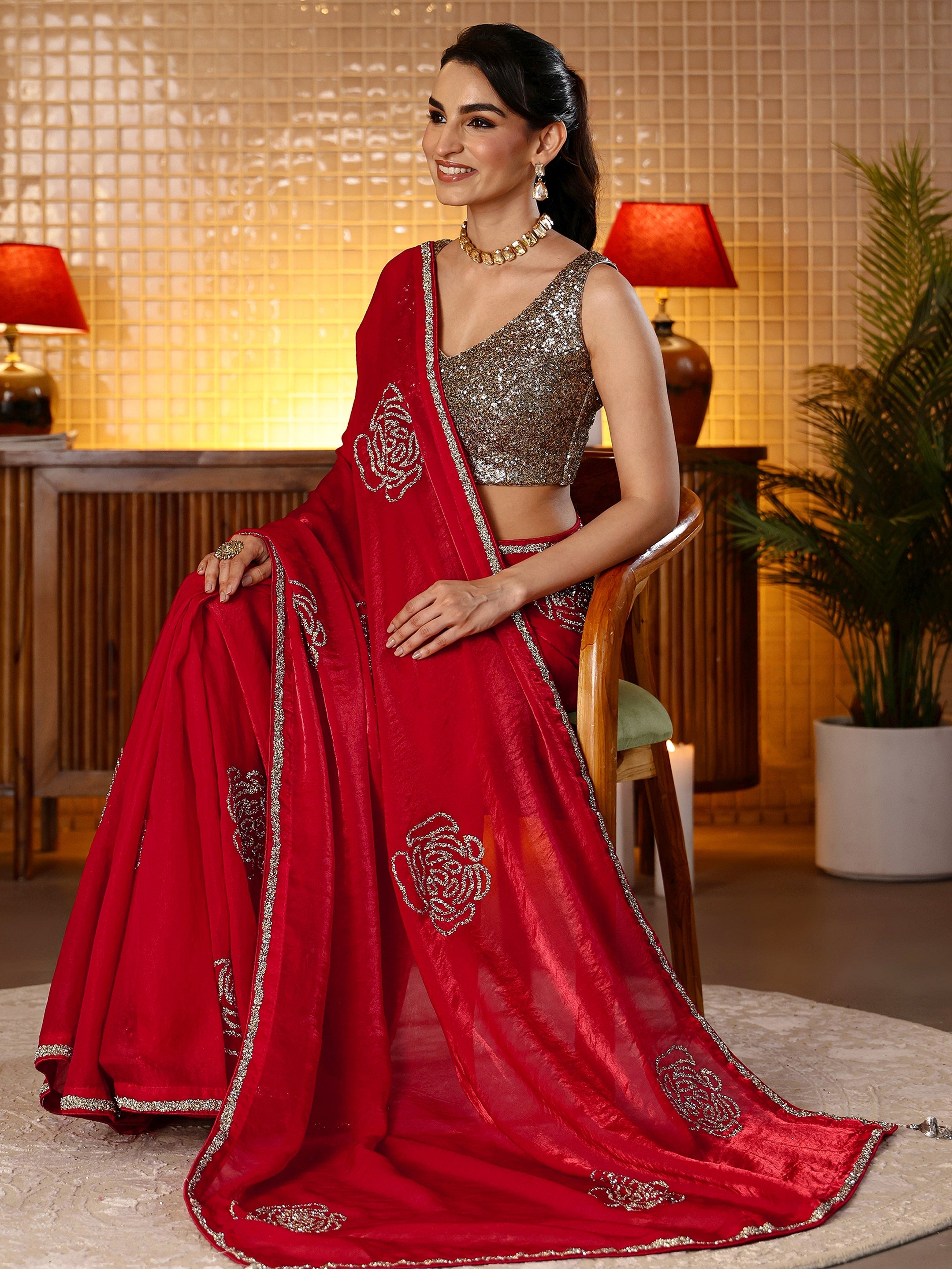 Cherry Red Embellished Silk Blend Saree-image-15