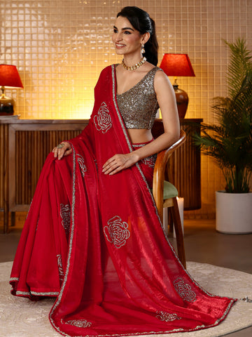 Cherry Red Embellished Silk Blend Saree