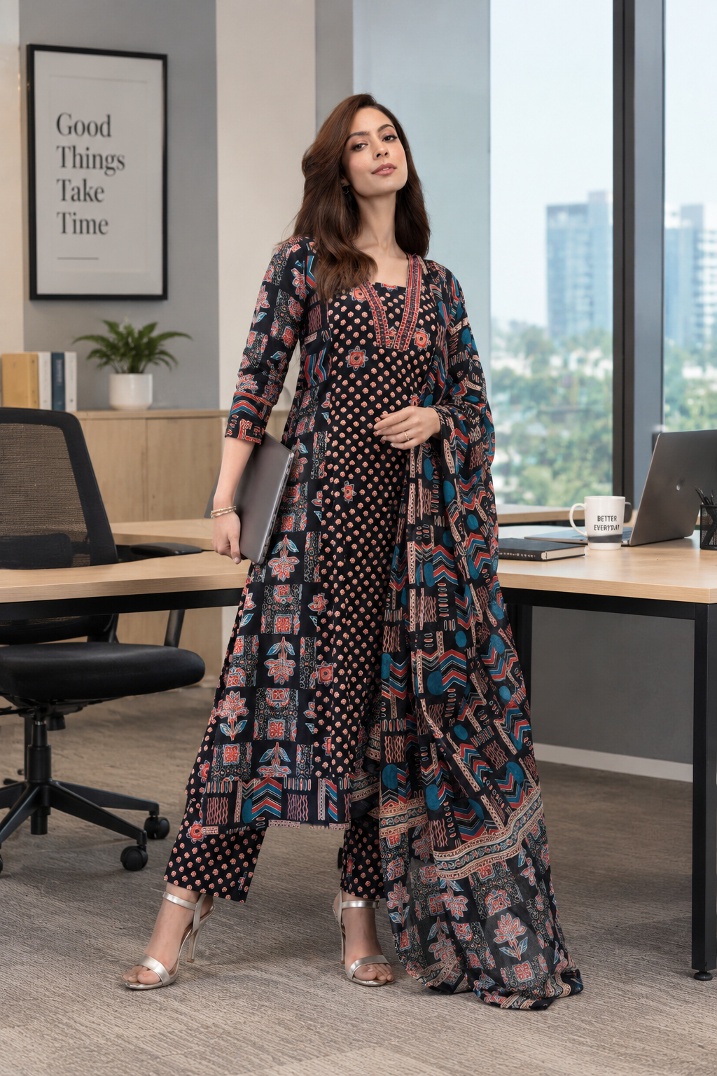 Gerua Black Ethnic Motifs Printed A-Line Suit Set With Dupatta