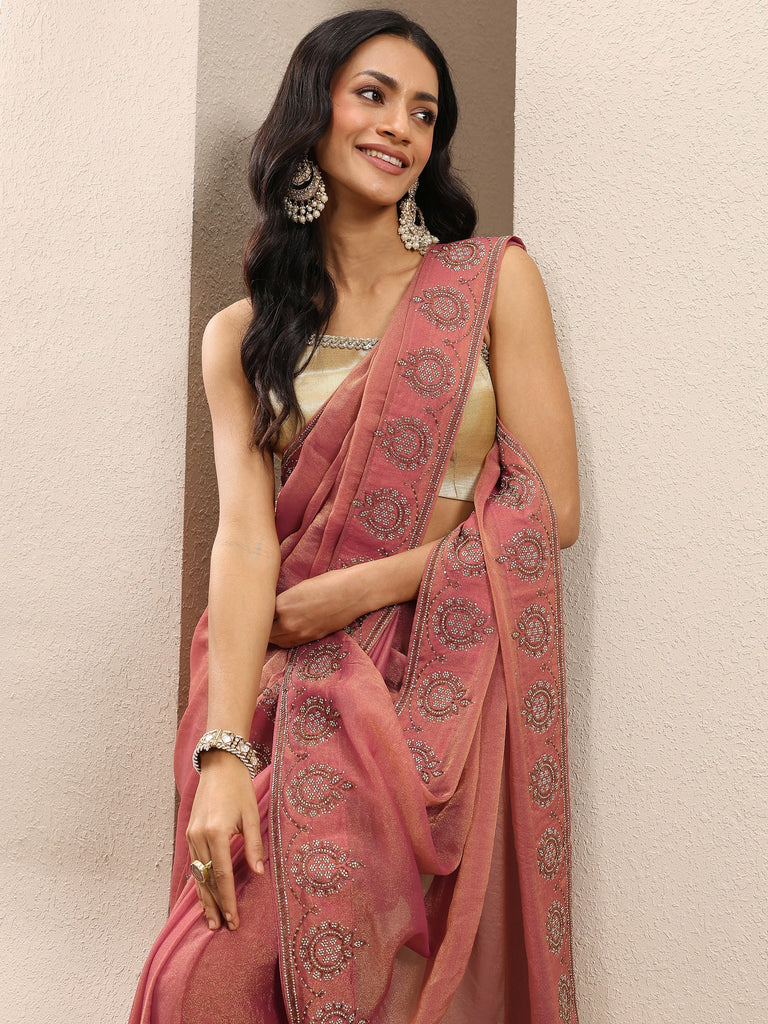Libas Coral Embellished Organza Saree With Unstitched Blouse Piece