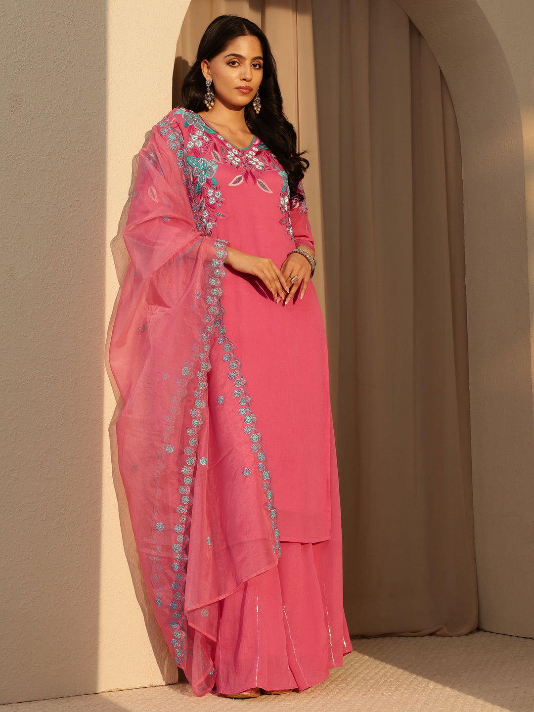  Coral Floral Embroidered Chinon Palazzo Suit Set 