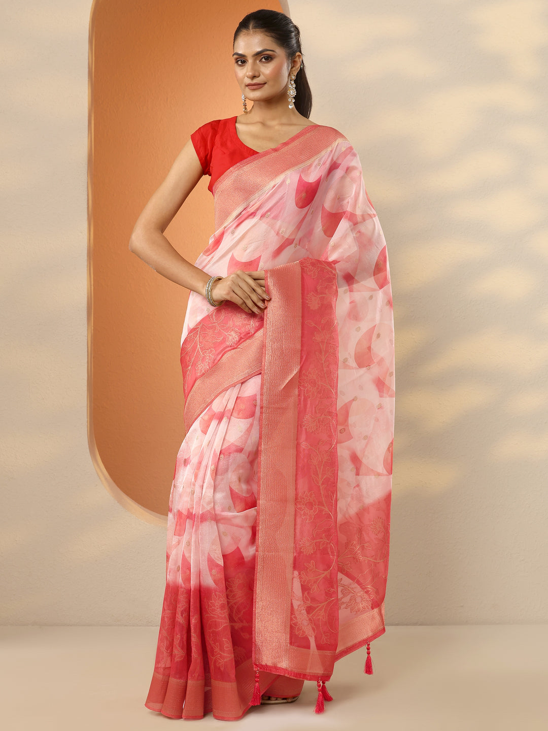 Coral Printed Organza Saree With Unstitched Blouse Piece