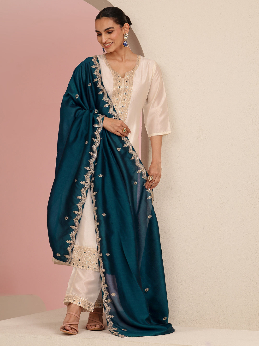  Cream Embroidered Chanderi Silk Straight Suit Set 