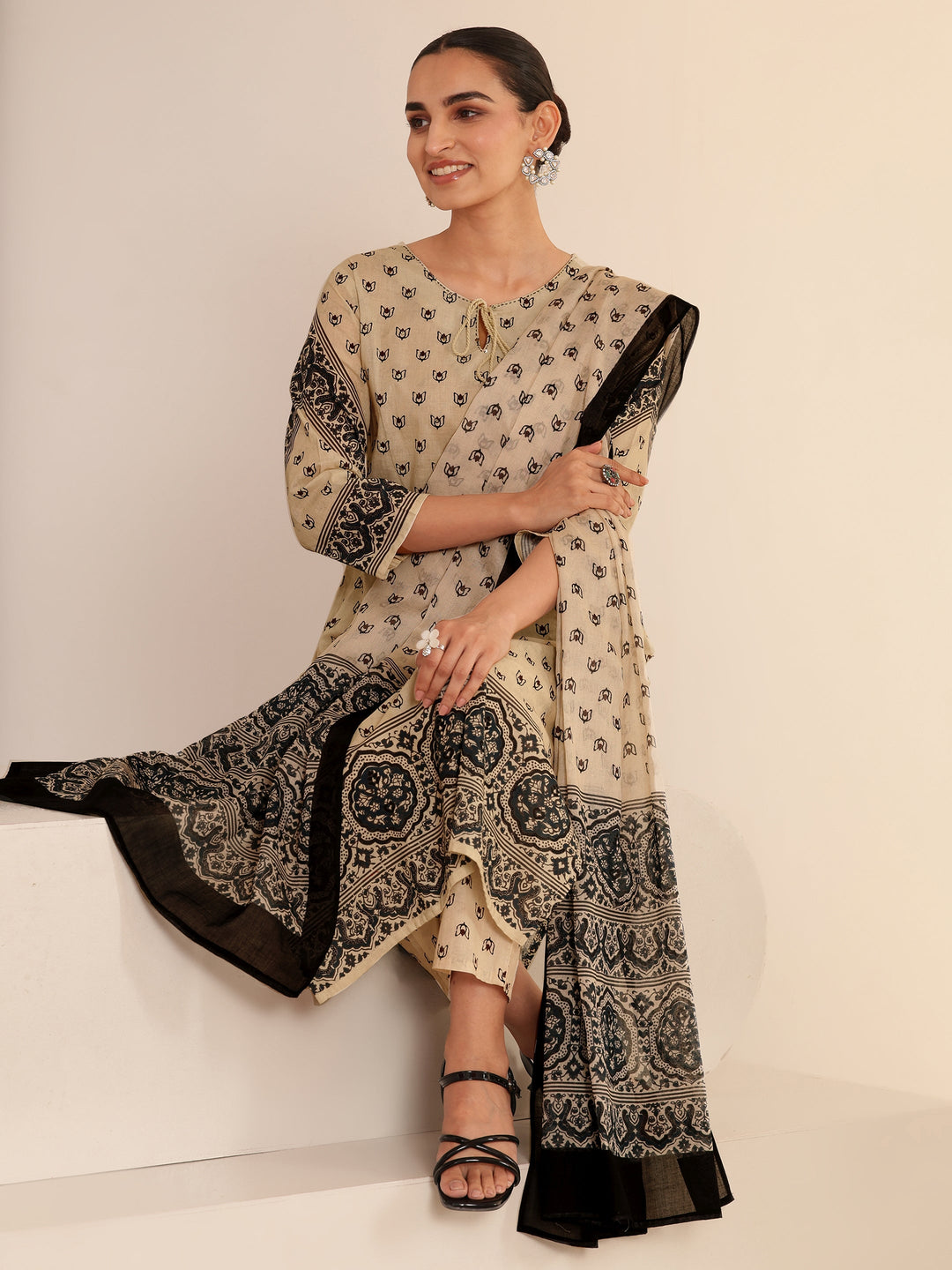  Cream Ethnic Printed Cotton Straight Suit Set 