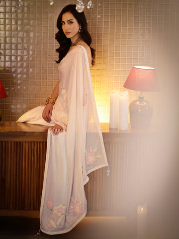Libas Cream Floral Embellished Silk Blend Saree