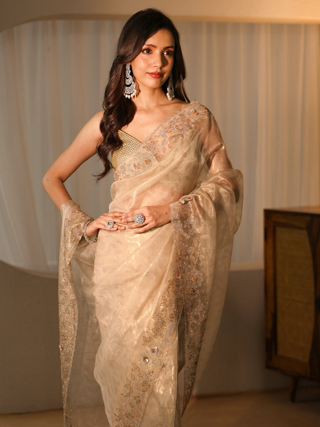  Cream Floral Embellished Tissue Saree 