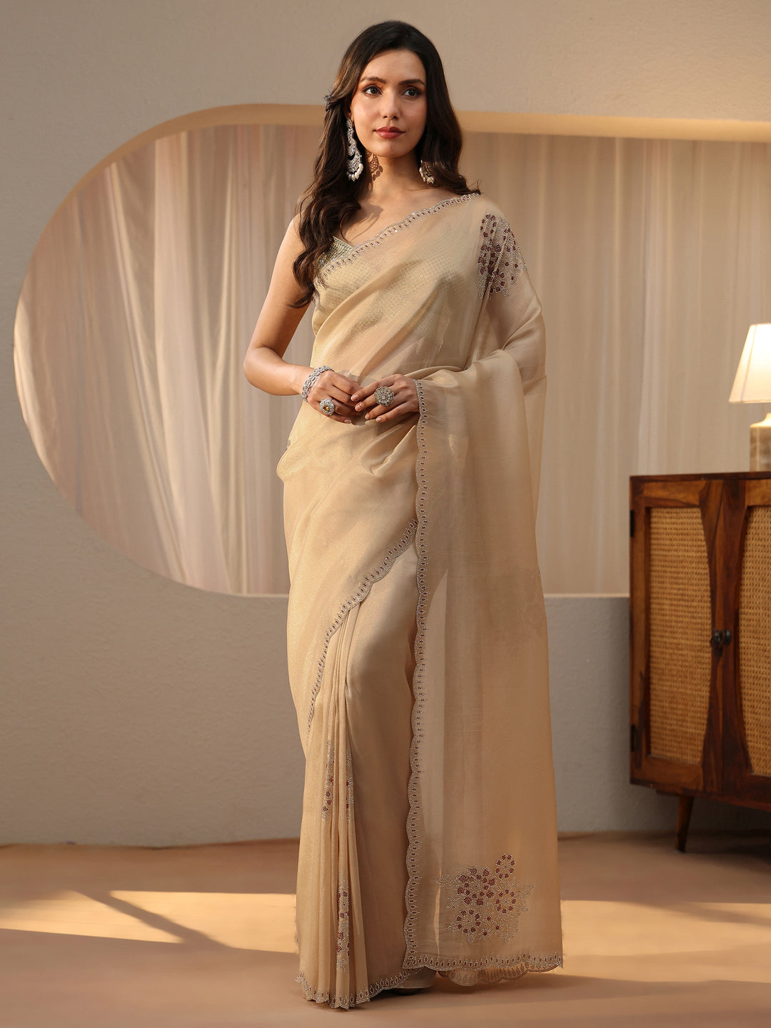  Cream Floral Embellished Tissue Saree 