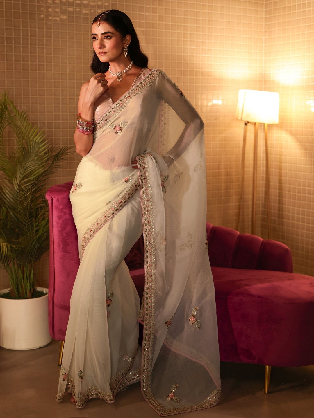  Cream Floral Embroidered Silk Blend Saree 
