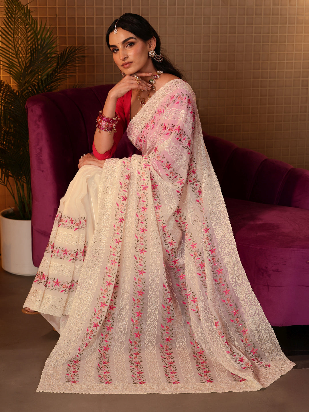 Cream Floral Embroidered Tissue Saree 