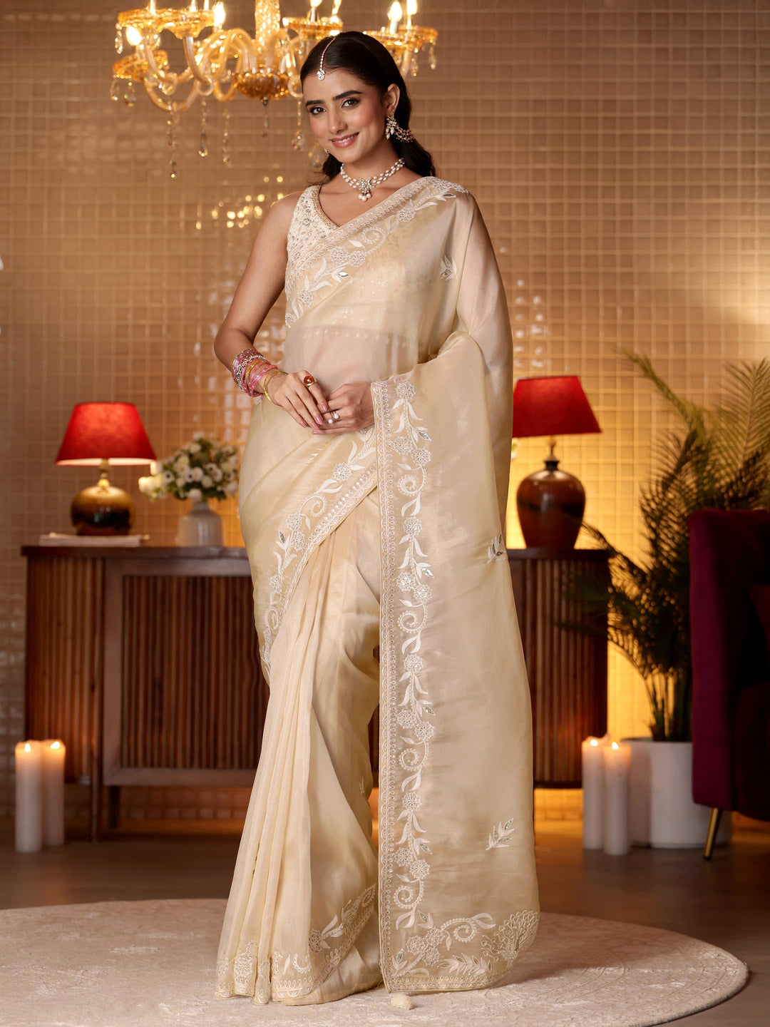  Cream Floral Embroidered Tissue Saree 