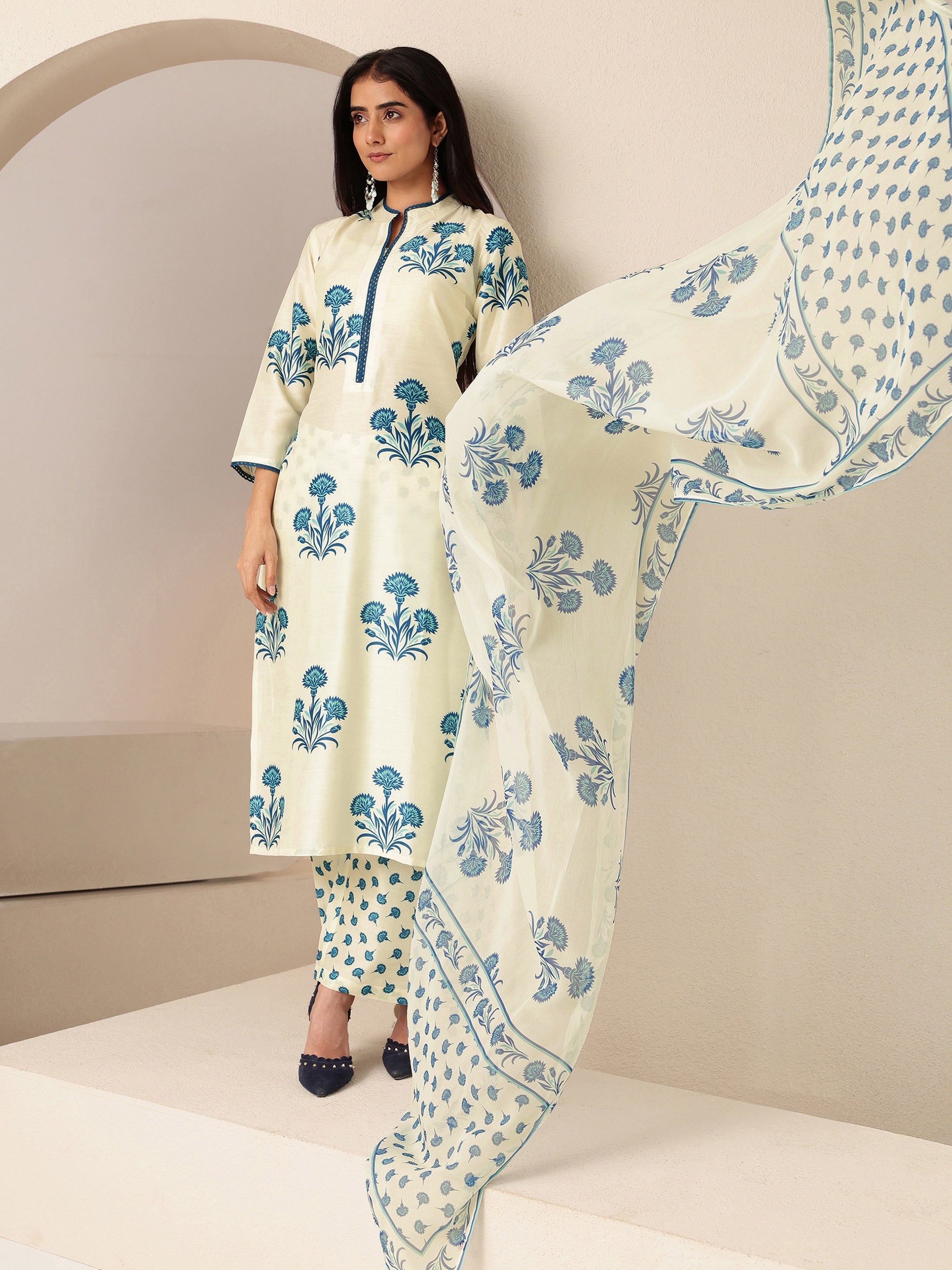 libas Cream Floral Printed Straight Cotton Blend Suit Set-picture-11