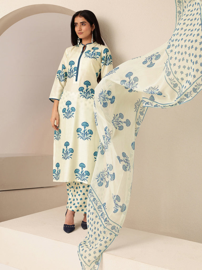 Libas Cream Floral Printed Straight Cotton Blend Suit Set