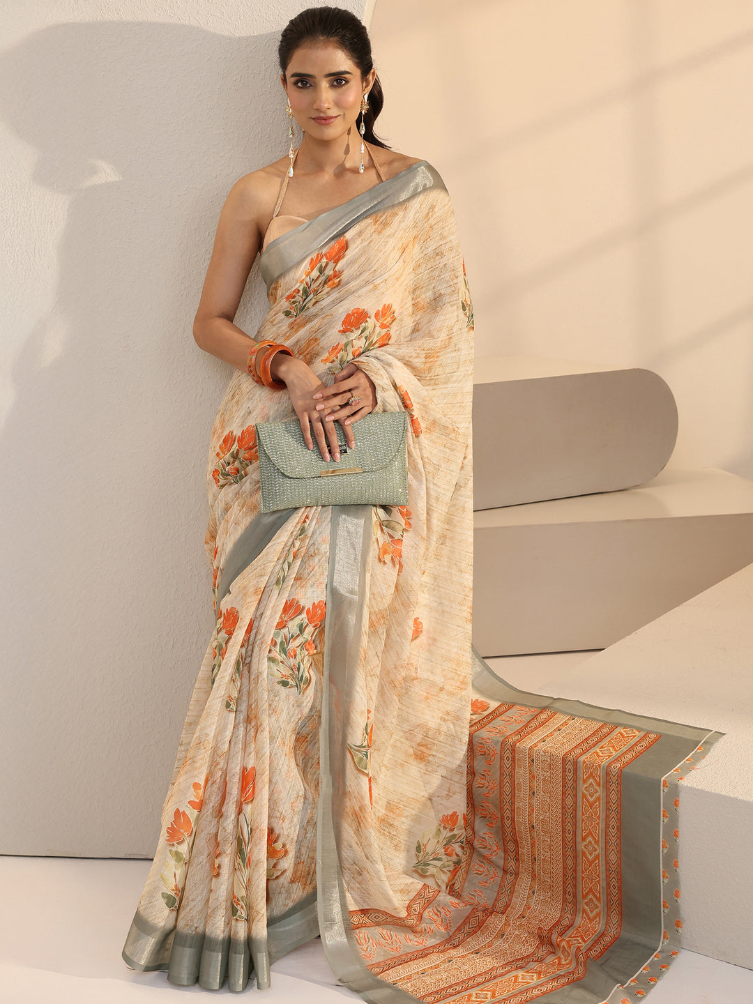  Cream Floral Print Cotton Blend Saree 
