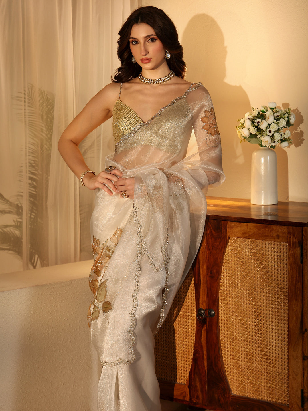  Cream Floral Tissue Saree with Embellished Border 