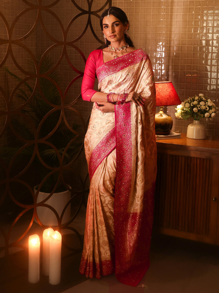 Libas Art Cream Floral Woven Design Silk Blend Saree
