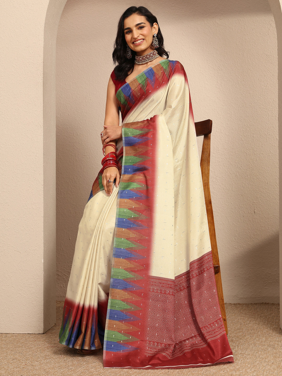 Cream Ikat Woven Design Silk Blend Saree With Unstitched Blouse Piece