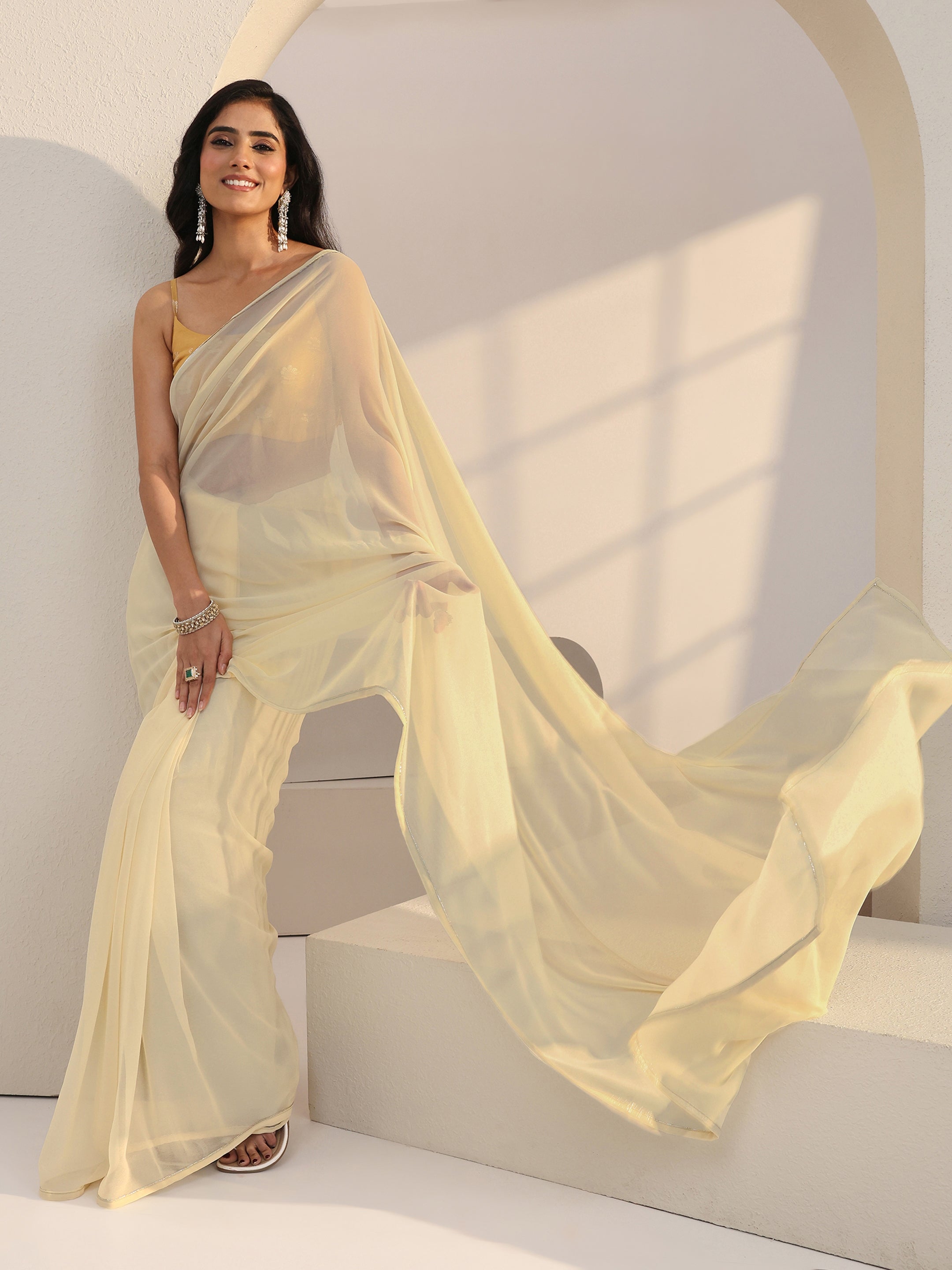 Libas Cream Georgette Pre Draped Saree-picture-30