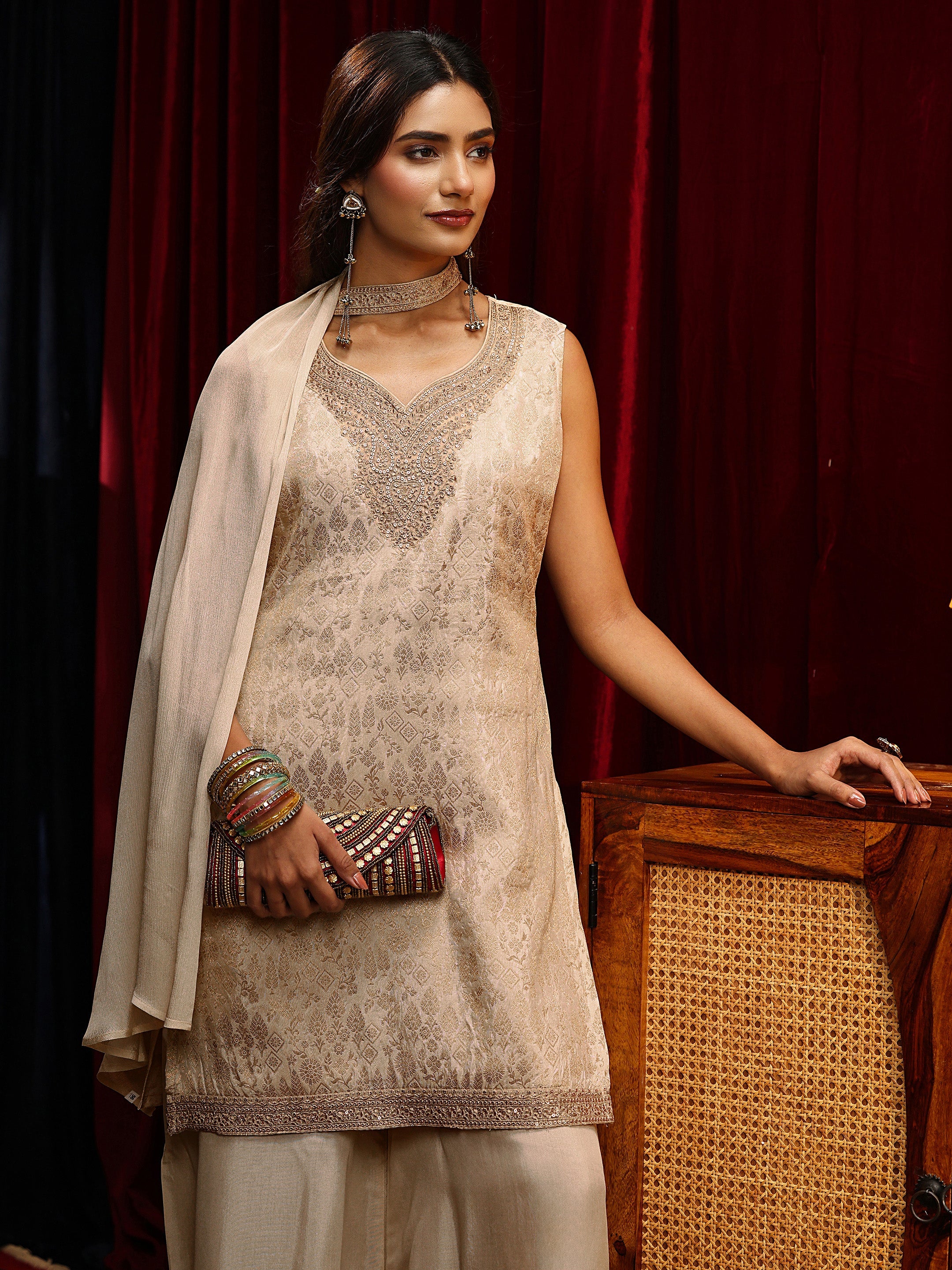 Cream Woven Design Silk Blend Palazzo Suit Set-image-47