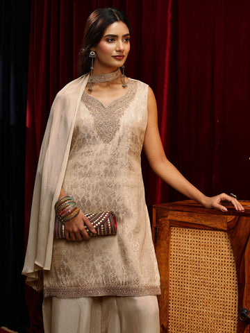 Cream Woven Design Silk Blend Palazzo Suit Set
