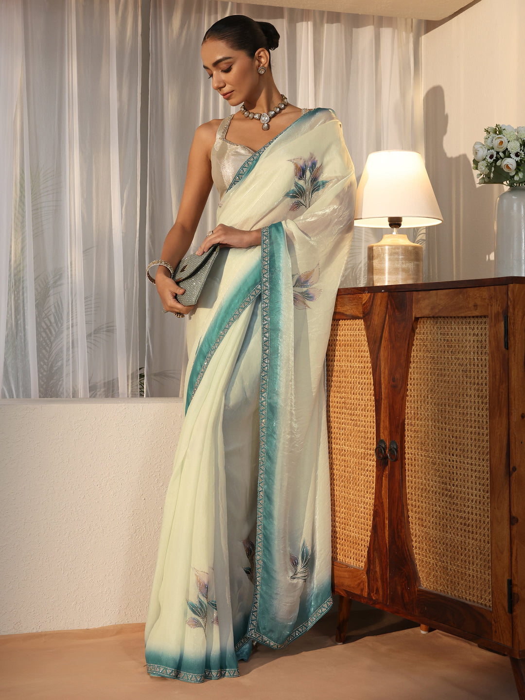  Cream Floral Printed Tissue Saree with Embellishments 