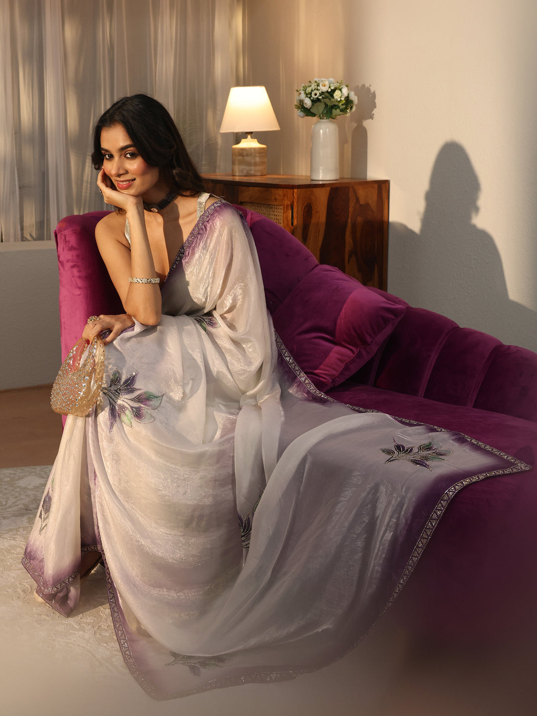  Cream Floral Printed Tissue Saree with Embellishments 