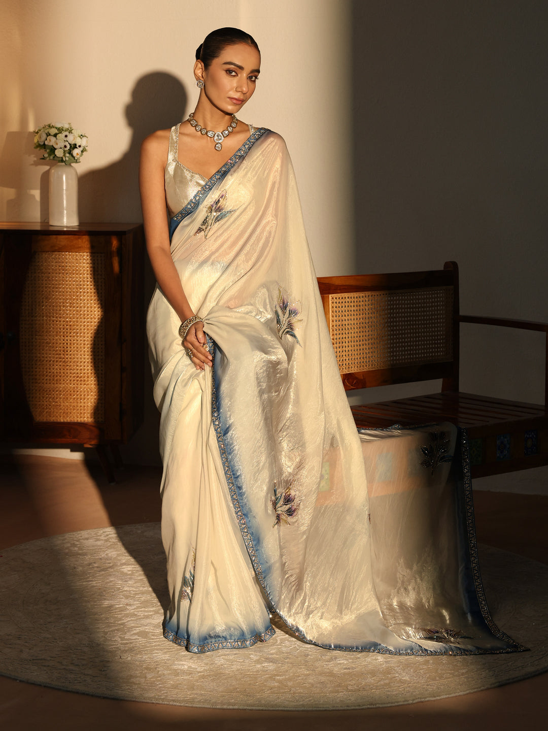  Cream Floral Printed Tissue Saree with Embellishments 