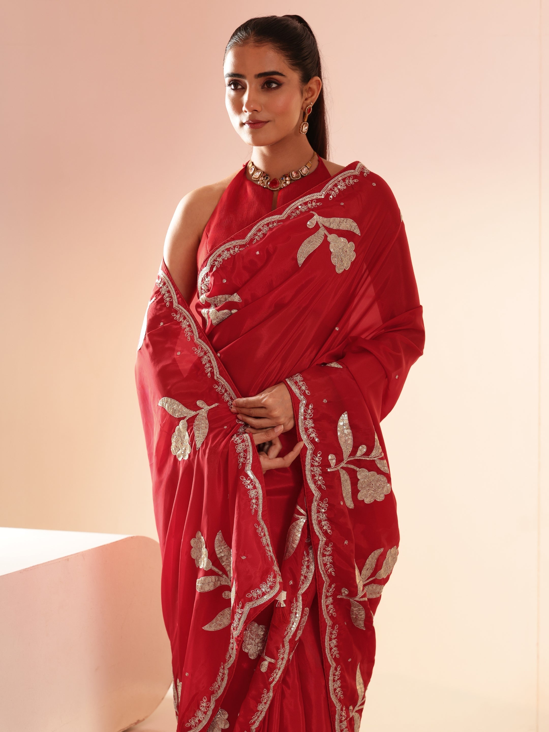 Crimson Red Floral Embellished Satin Saree-image-3