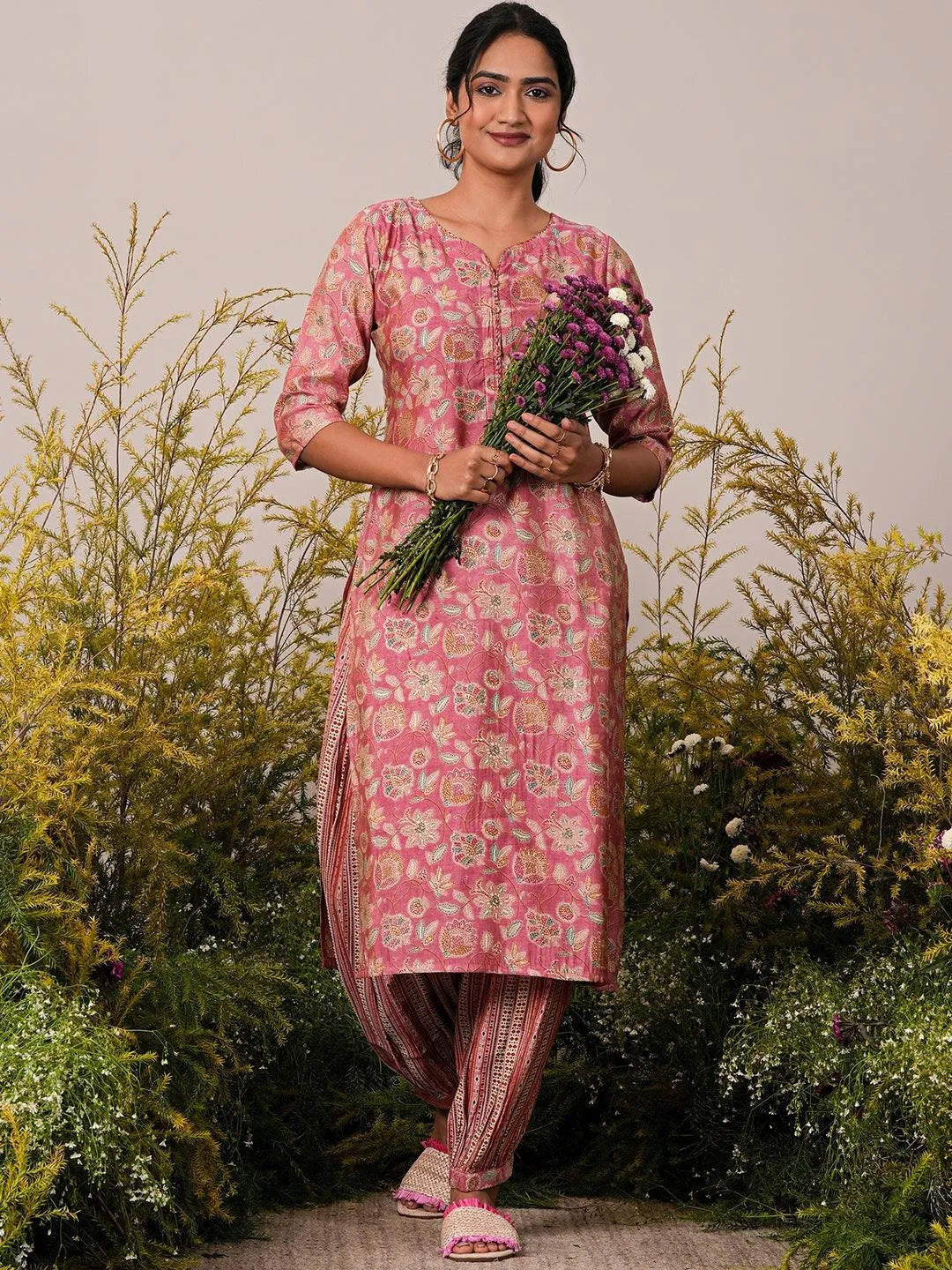 Peach Printed Silk Blend Straight Kurta Set - Libas