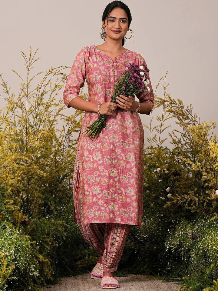 Peach Printed Silk Blend Straight Kurta Set - Libas