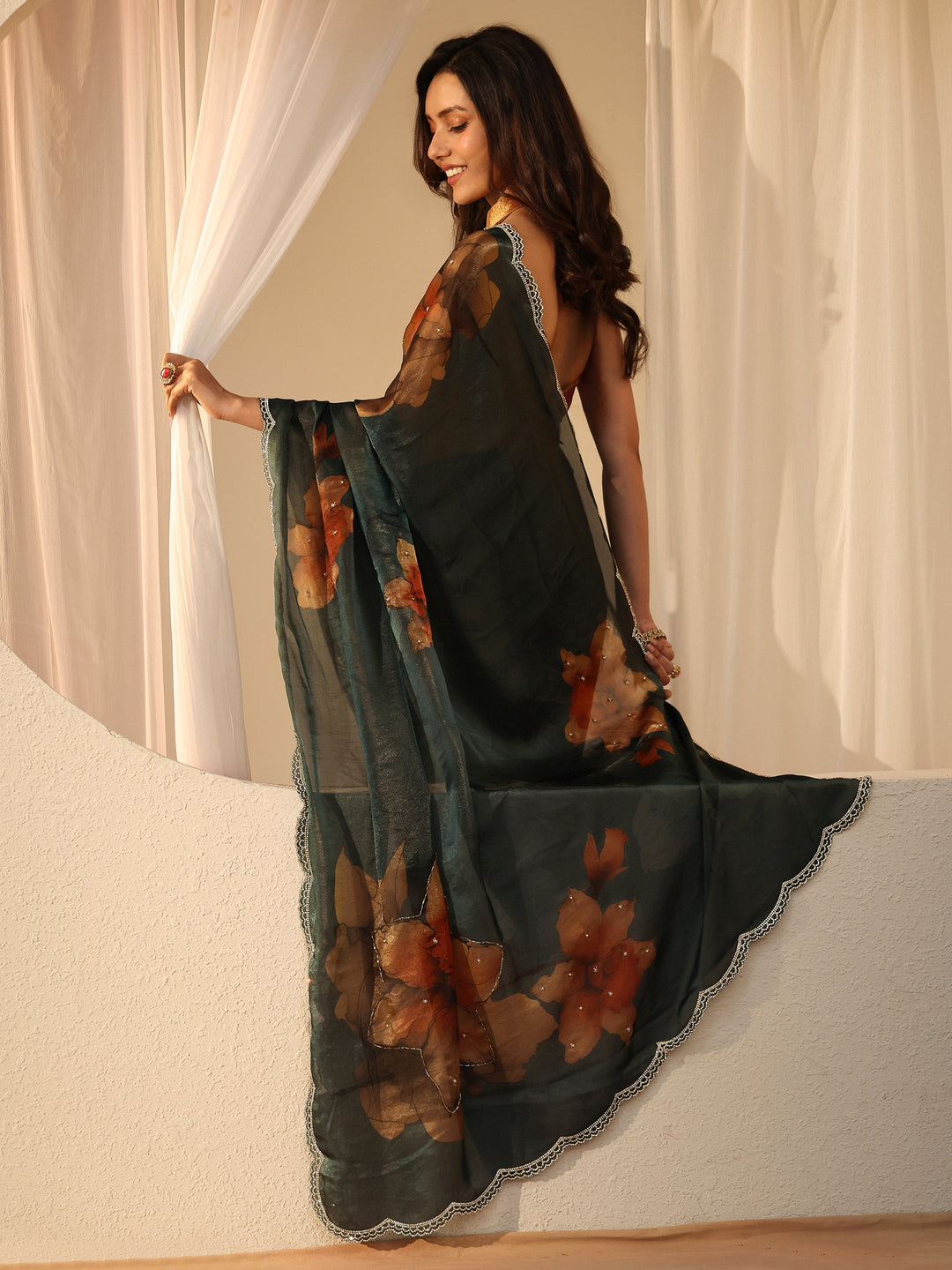  Dark Green Floral Printed Silk Blend Saree 