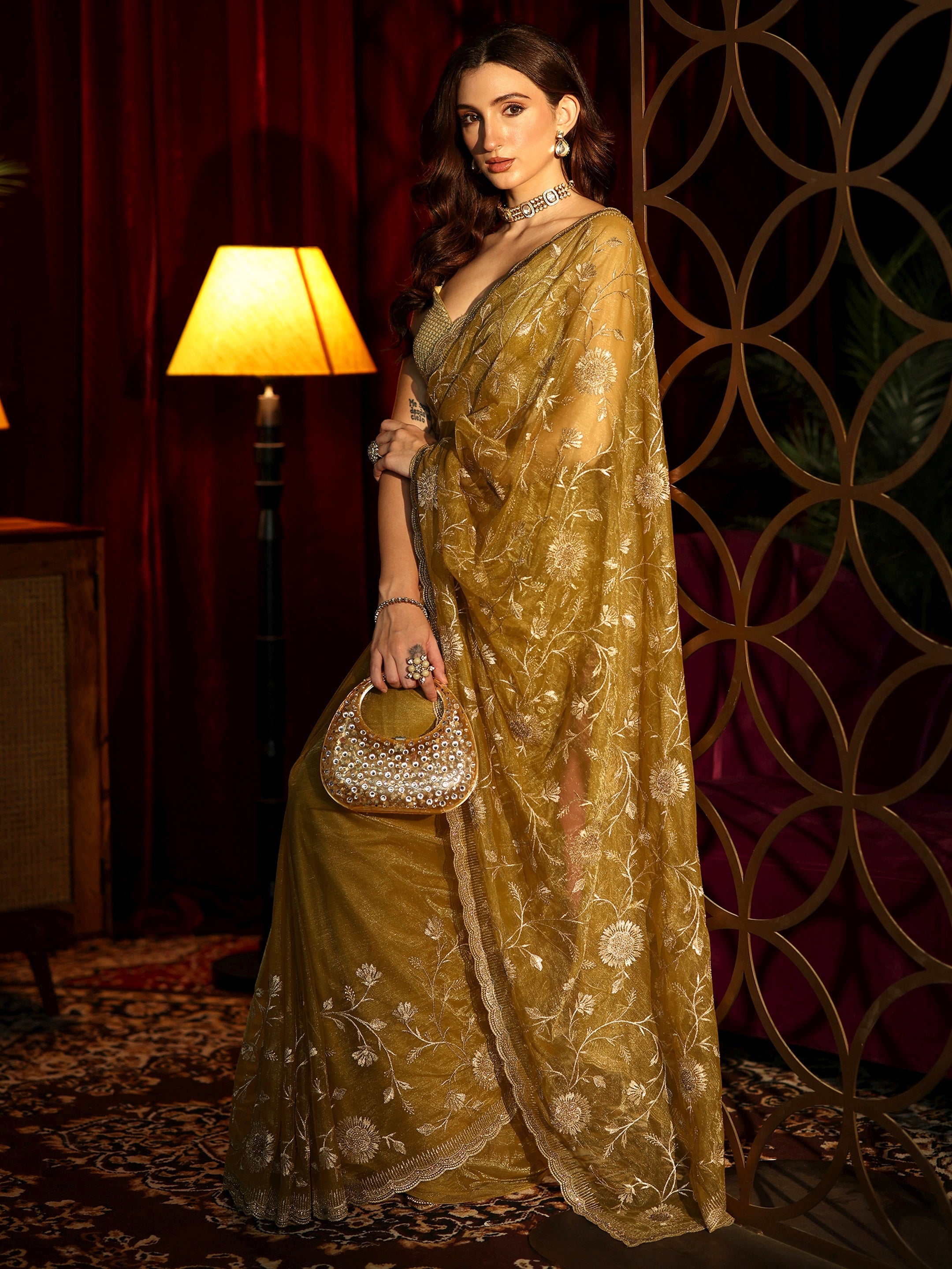 Libas Dark Mustard Floral Embroidered Net Saree-picture-49