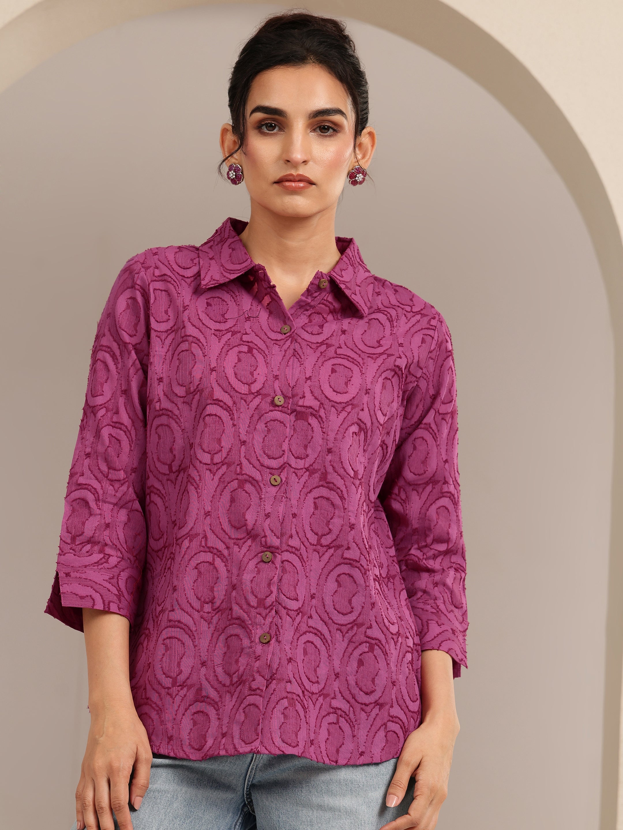 Dark Pink Textured Cotton Shirt-image-18