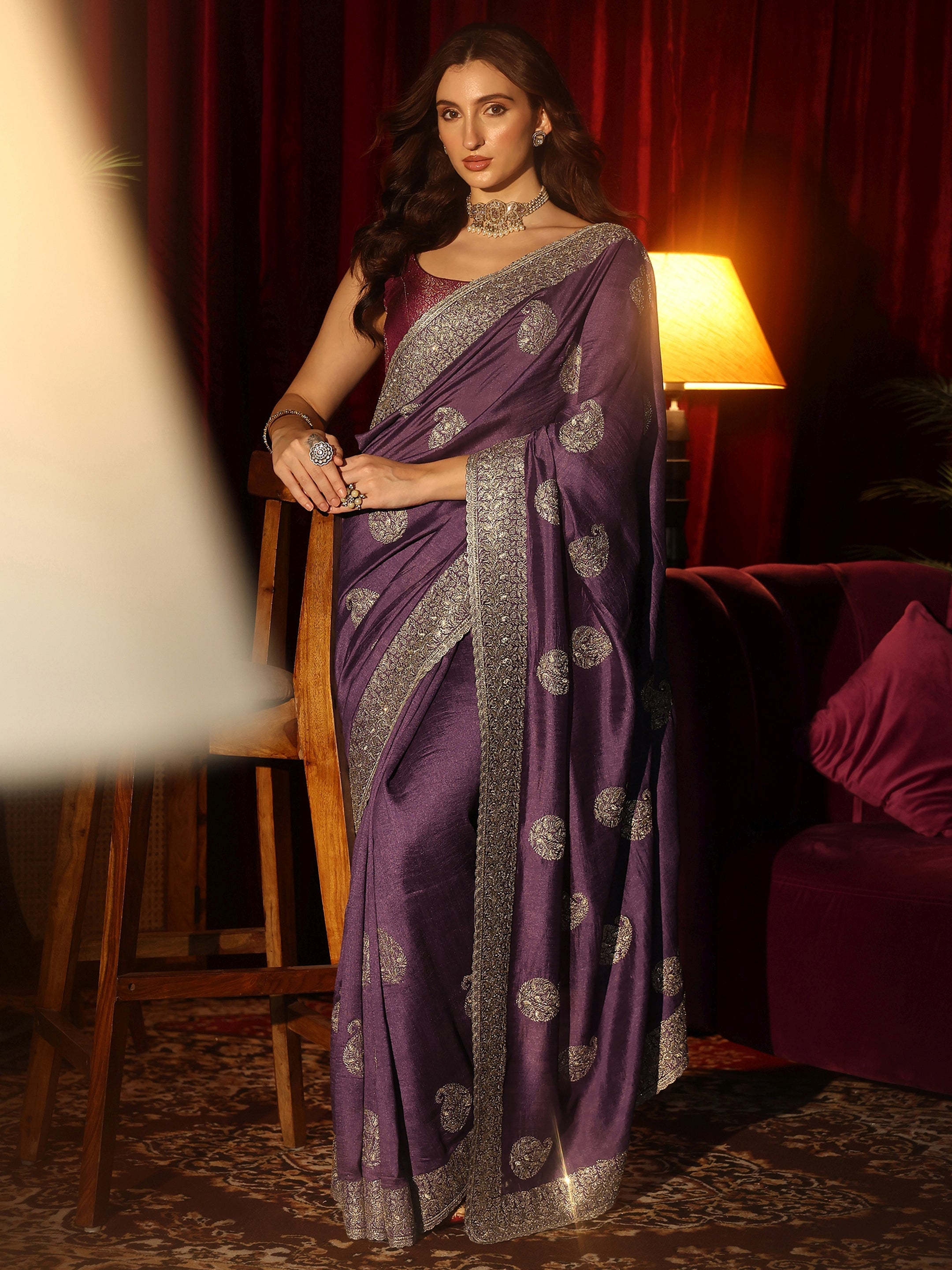 Libas Dark Purple Embroidered Silk Blend Saree-picture-19