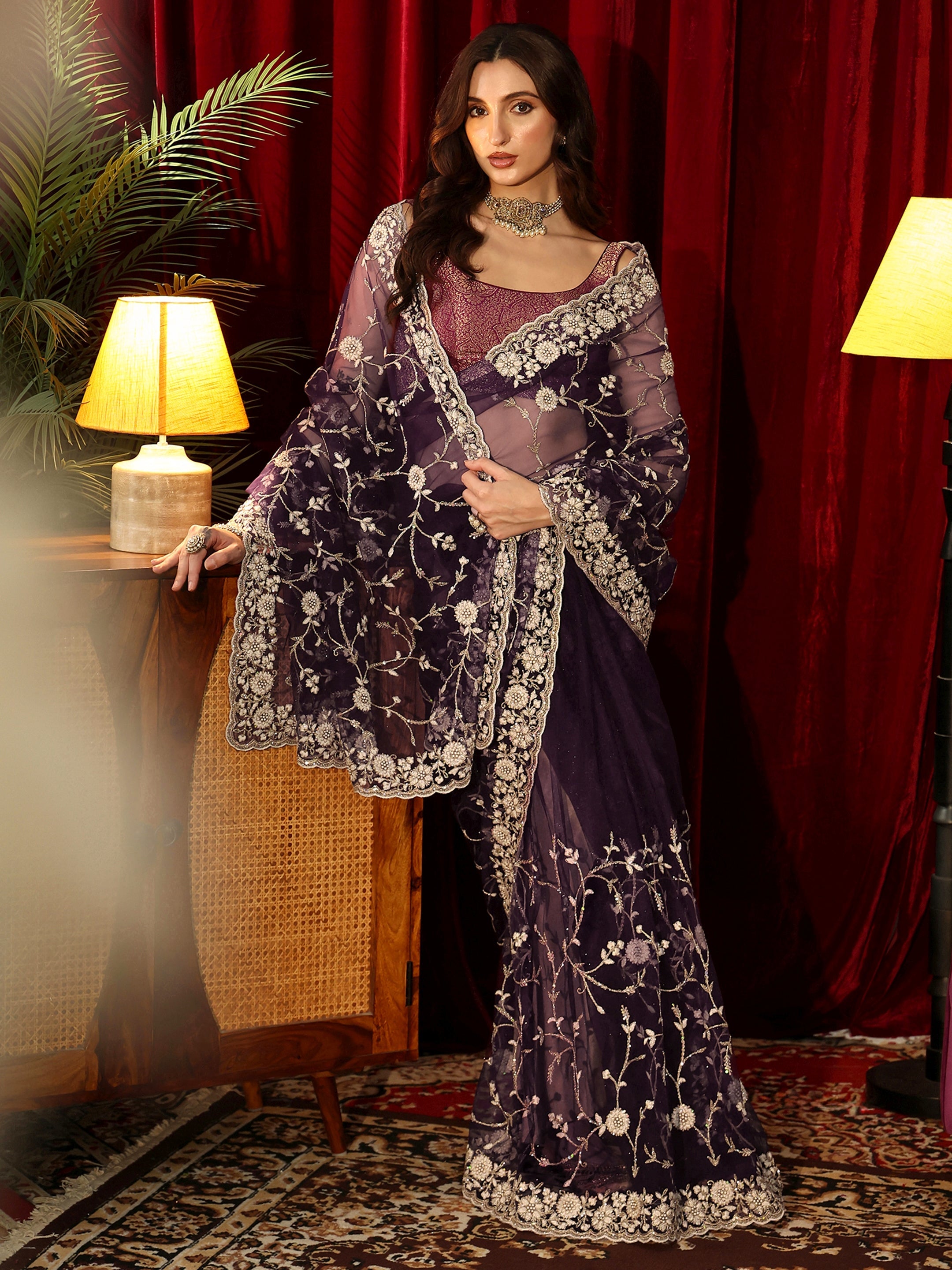 Libas Dark Purple Floral Embroidered Net Saree-picture-34