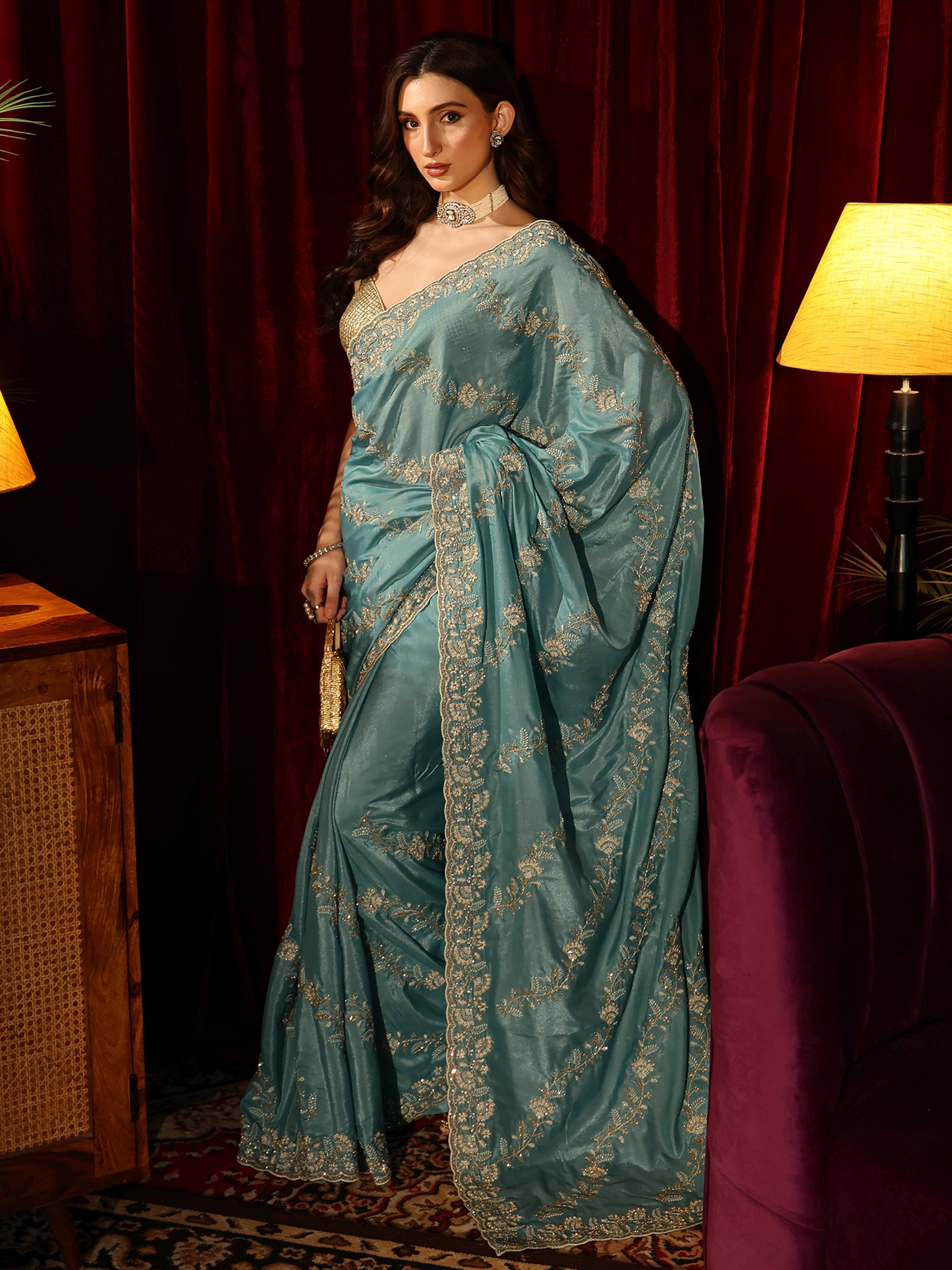 Libas Dusty Aqua Blue Floral Embroidered Satin Saree-picture-43